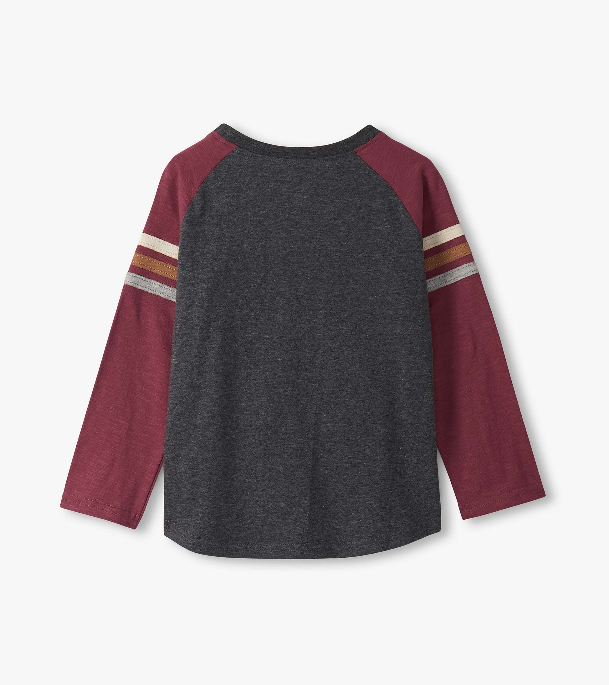 Long sleeve raglan t-shirt featuring a dark gray body and maroon sleeves with striped accents.