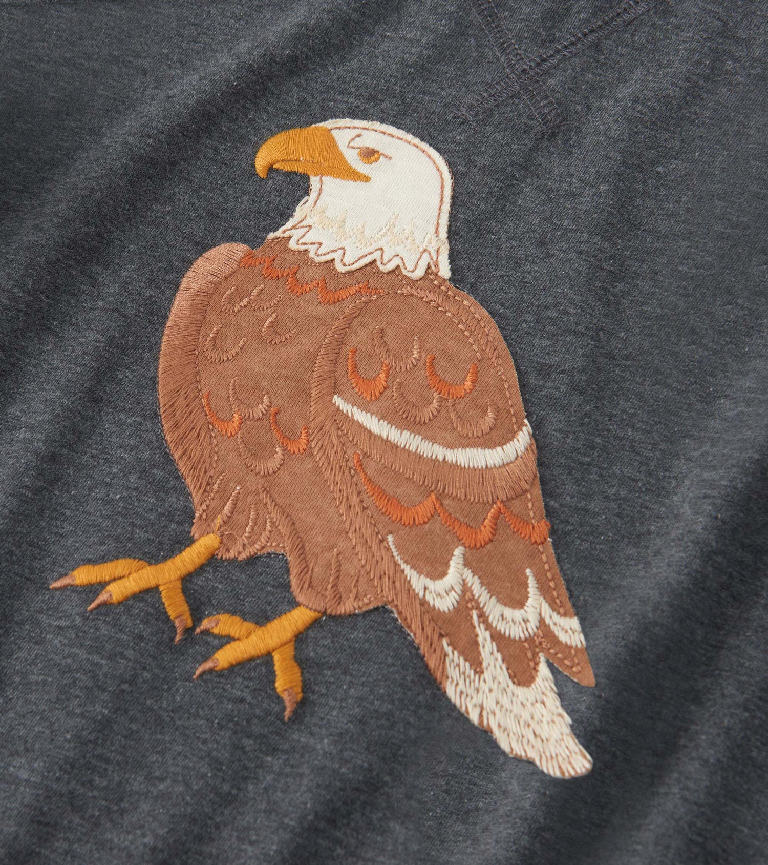 Dark gray long sleeve raglan t-shirt featuring a detailed embroidered eagle design on the front.