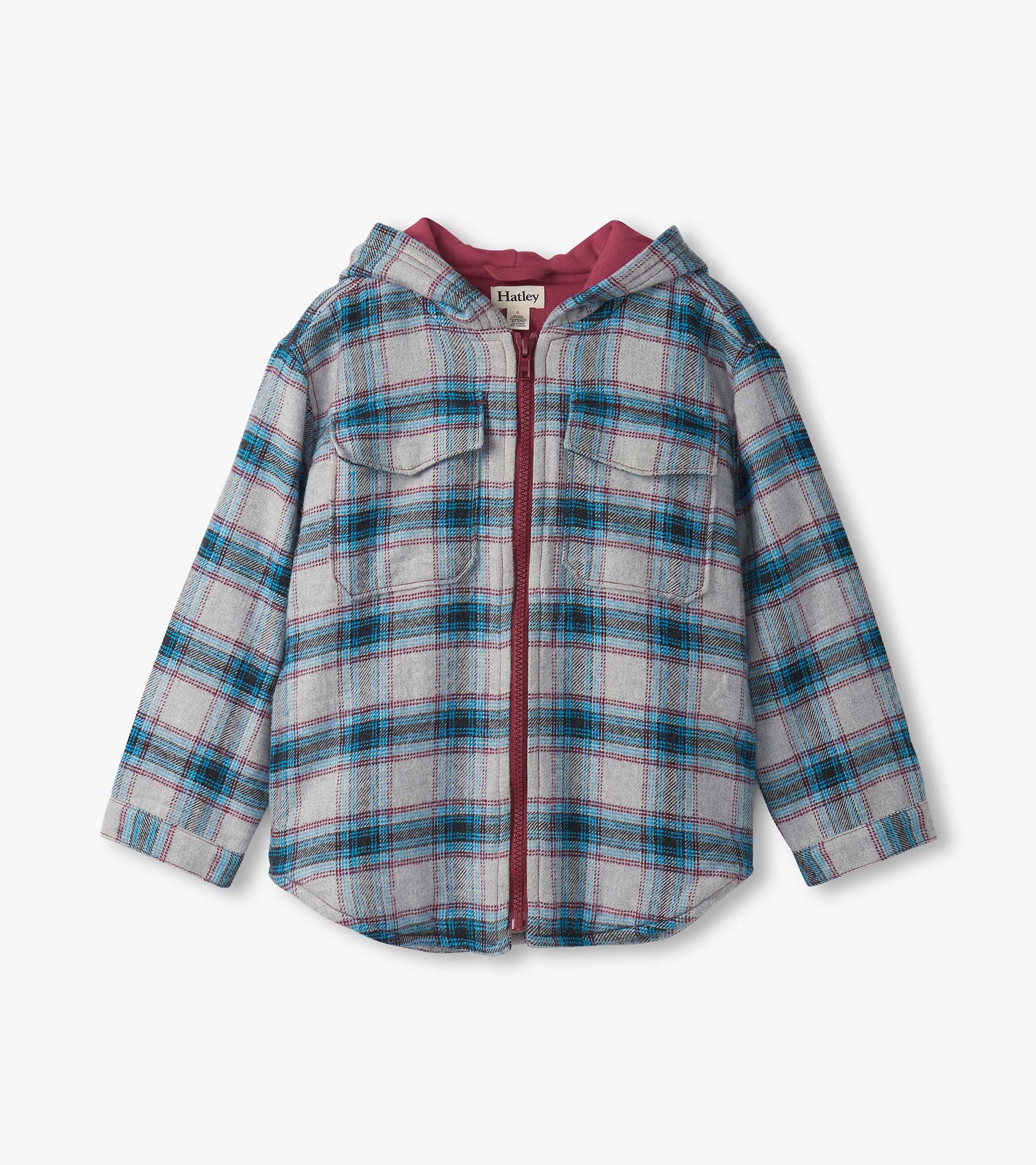 Charcoal and maroon plaid hooded jacket with a front zipper and two chest pockets.