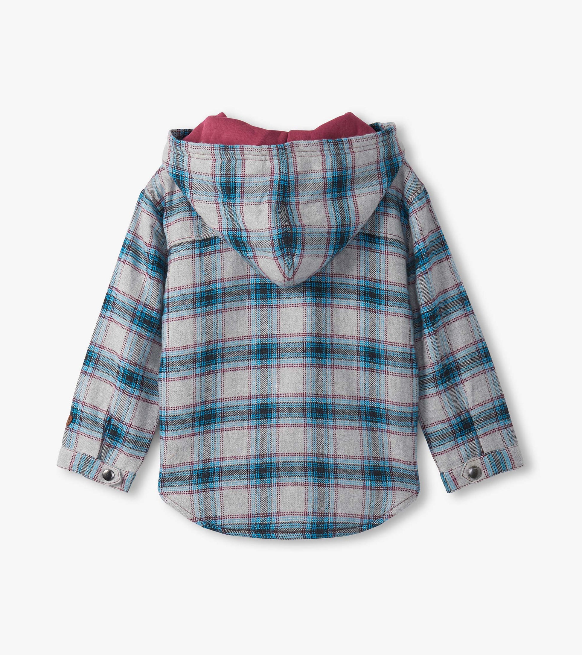 Charcoal and maroon plaid hooded jacket with a lined interior, featuring long sleeves and a curved hem.