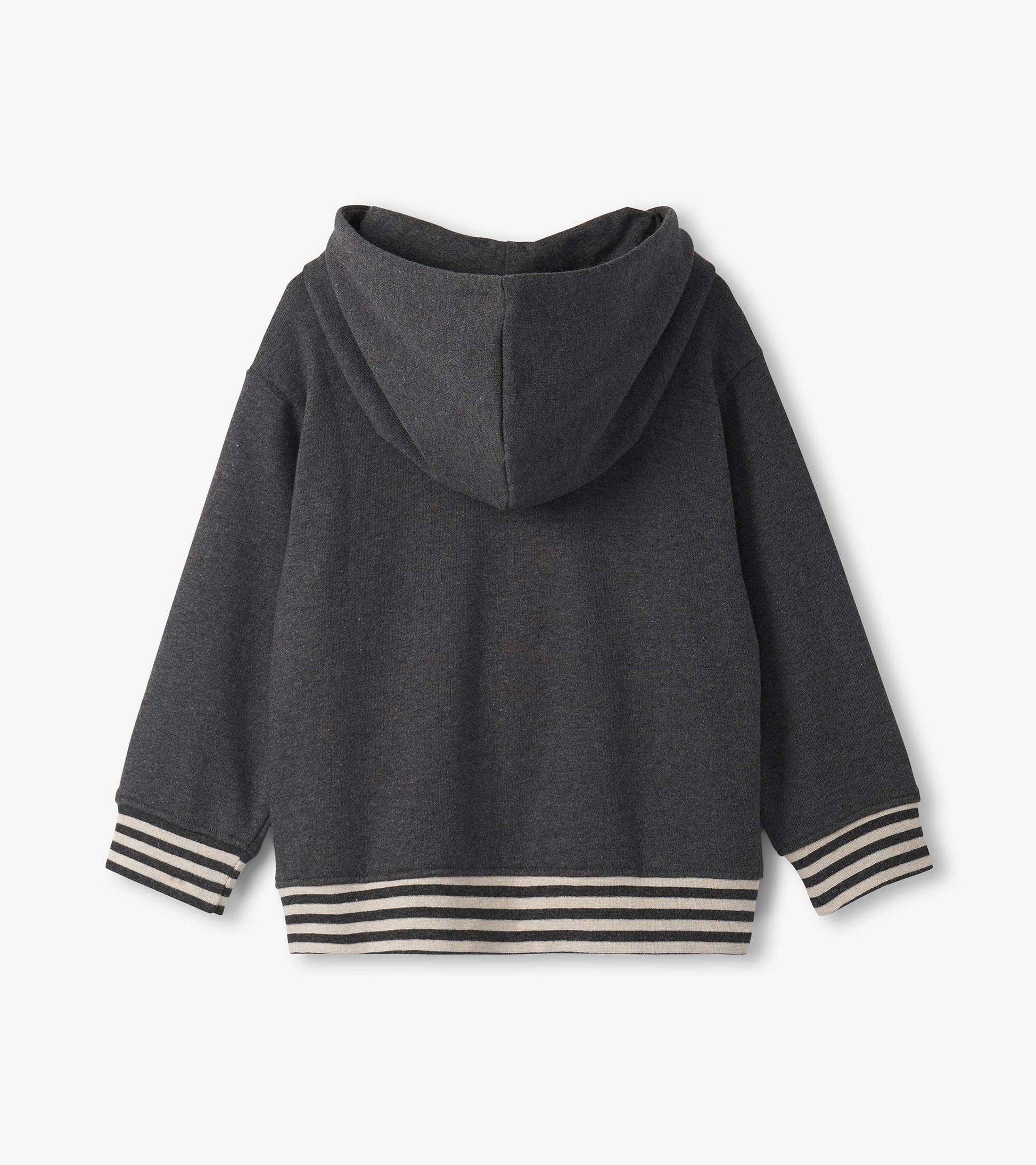 Charcoal melange pullover hoodie with a hood and striped cuffs, showing the back view.