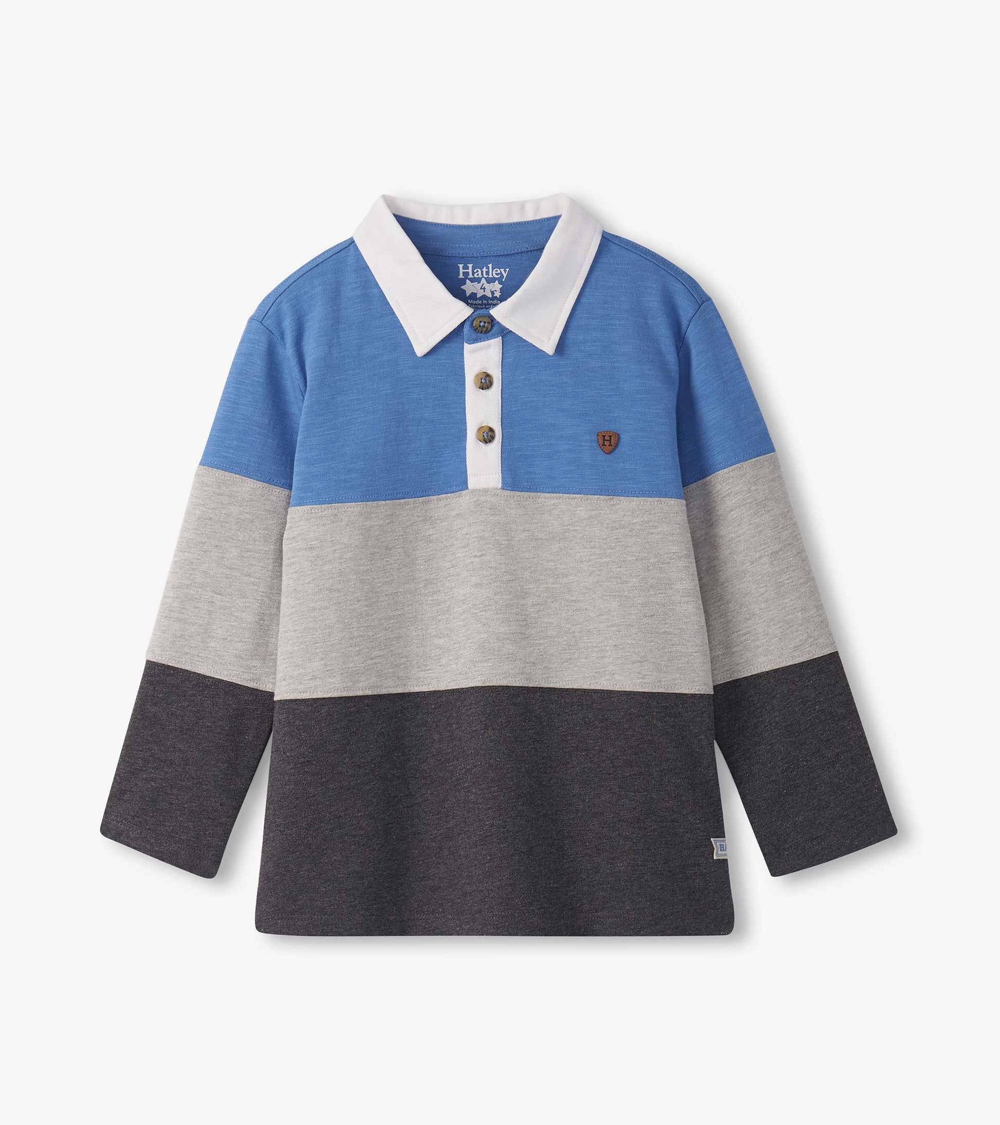 Blue and grey colour block long sleeve polo shirt with a white collar and three buttons. Suitable for boys.