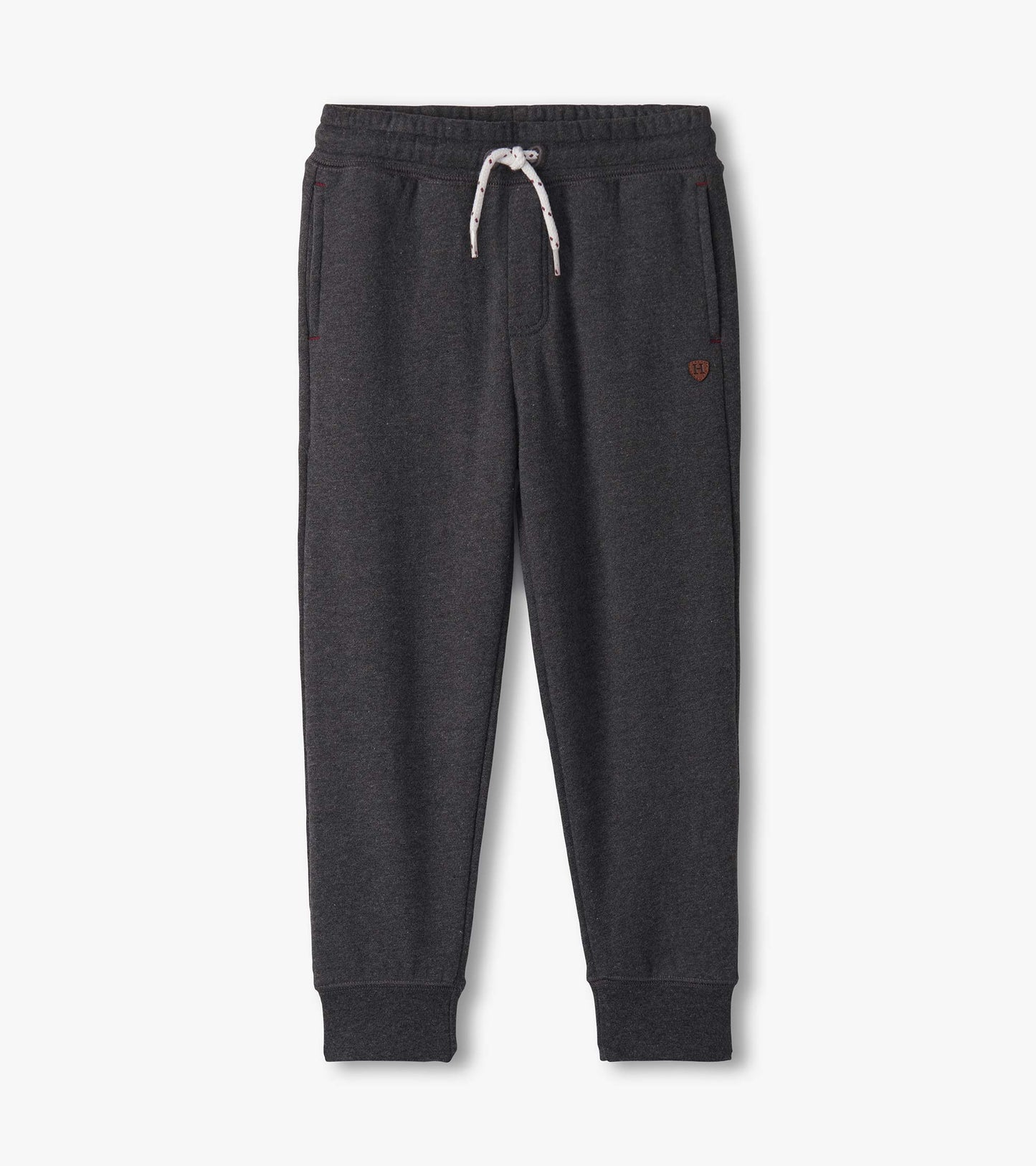 Charcoal melange joggers with an elastic waistband, drawstring, and side pockets. Suitable for casual wear.