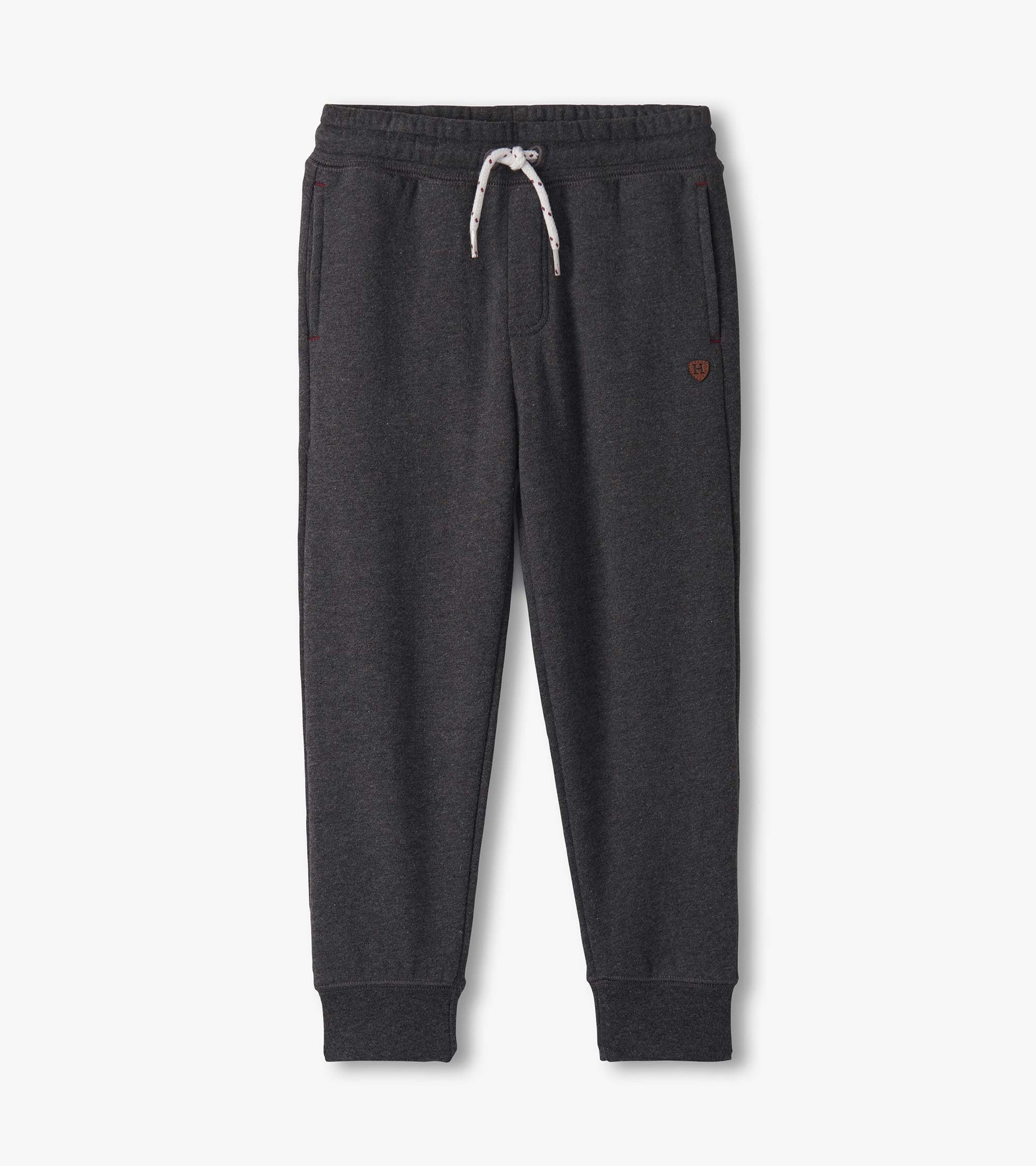 Charcoal melange joggers with an elastic waistband, drawstring, and side pockets. Suitable for casual wear.