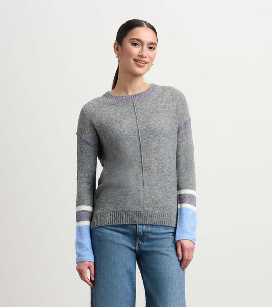 Charcoal melange sweater with purple and blue striped sleeves, featuring a round neckline and relaxed fit.