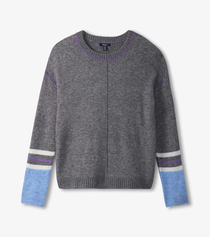 Charcoal melange sweater with purple stitching and blue striped sleeves, featuring a relaxed fit and crew neckline.