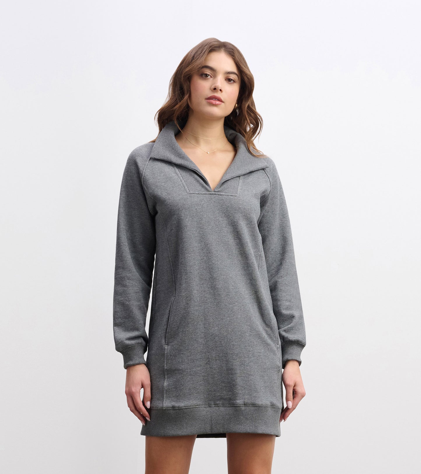 Charcoal melange dress with a notch neck, long sleeves, and side pockets, designed for casual wear.
