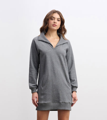 Charcoal melange dress with a notch neck, long sleeves, and side pockets, designed for casual wear.