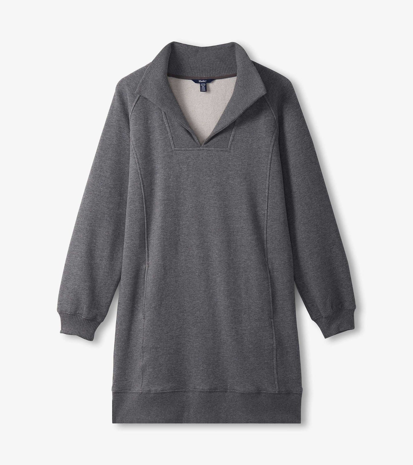 Charcoal melange dress with a notch neck, long sleeves, and a relaxed fit, suitable for casual wear.
