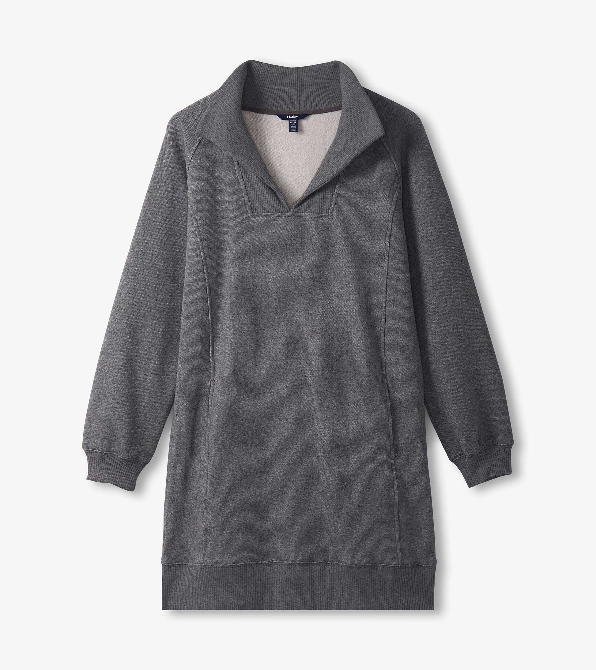 Charcoal melange dress with a notch neck, long sleeves, and a relaxed fit, suitable for casual wear.