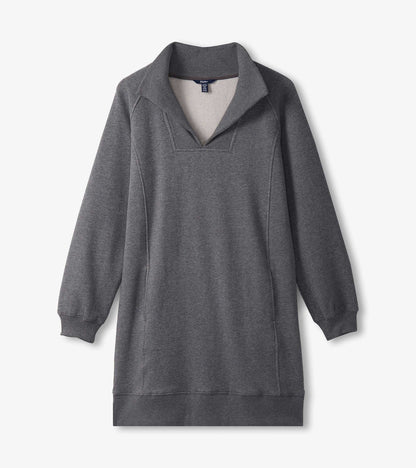 Charcoal melange dress with a notch neck, long sleeves, and a relaxed fit, suitable for casual wear.