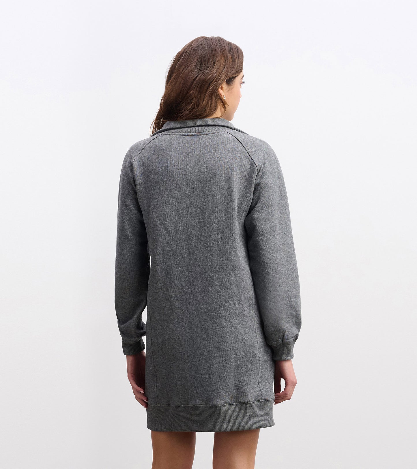 Charcoal melange dress with a notch neck, long sleeves, and a relaxed fit, shown from the back.