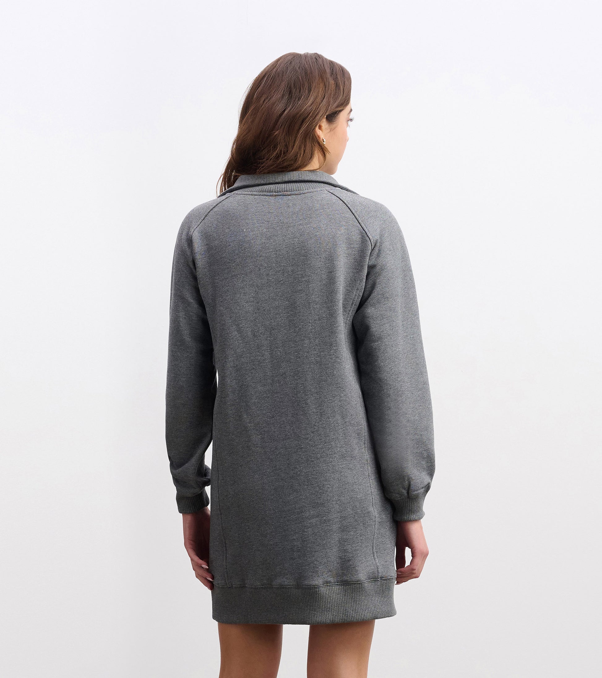 Charcoal melange dress with a notch neck, long sleeves, and a relaxed fit, shown from the back.