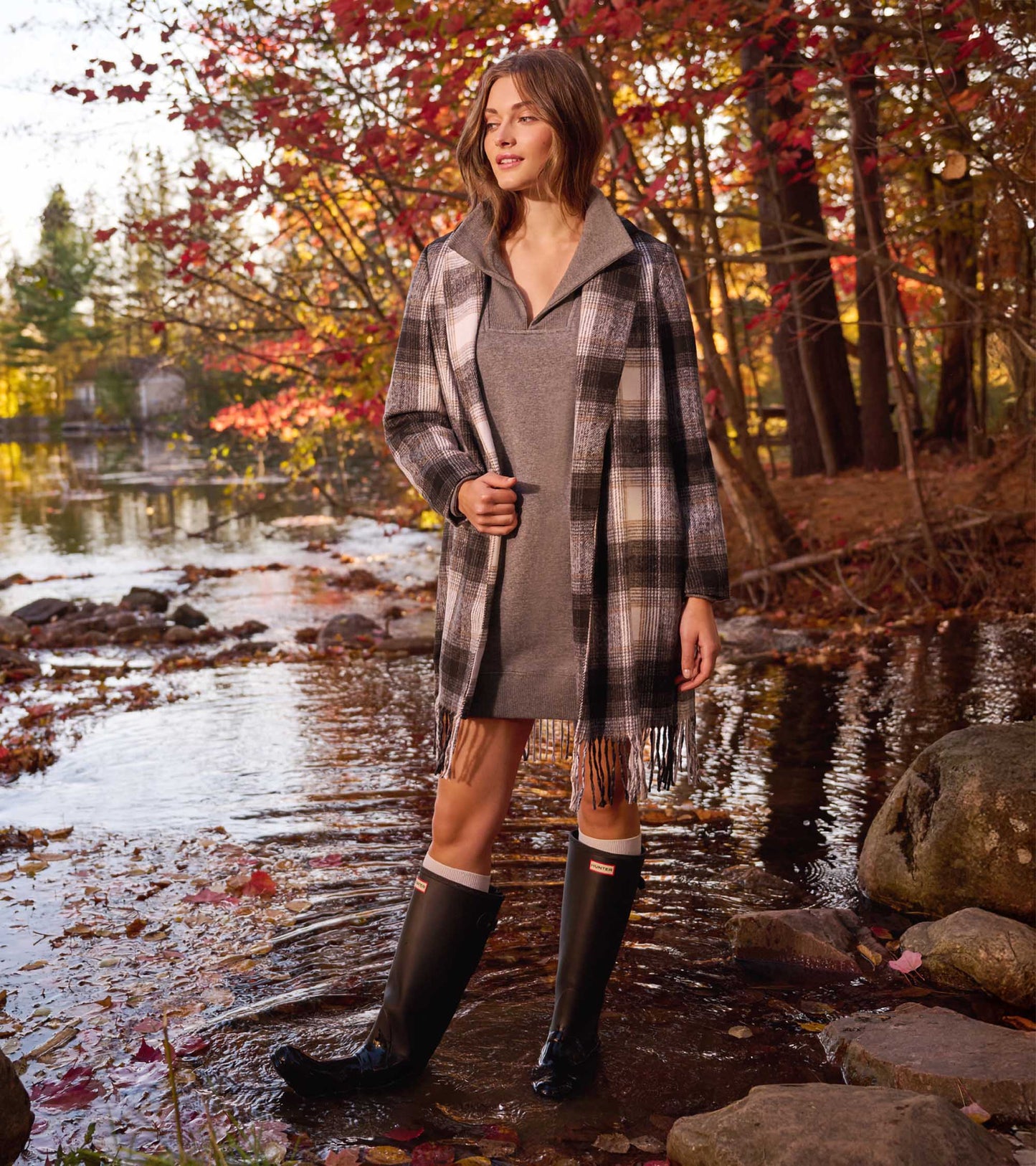 Charcoal melange notch-neck dress with long sleeves and plaid coat, worn with black rain boots outdoors