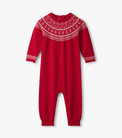 Red Fair Isle sweater romper with long sleeves and decorative white pattern at the neckline and cuffs.