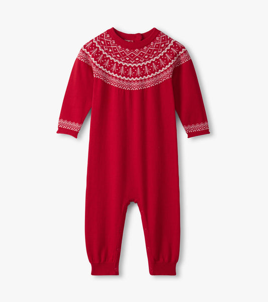 Red Fair Isle sweater romper with long sleeves and decorative white pattern at the neckline and cuffs.