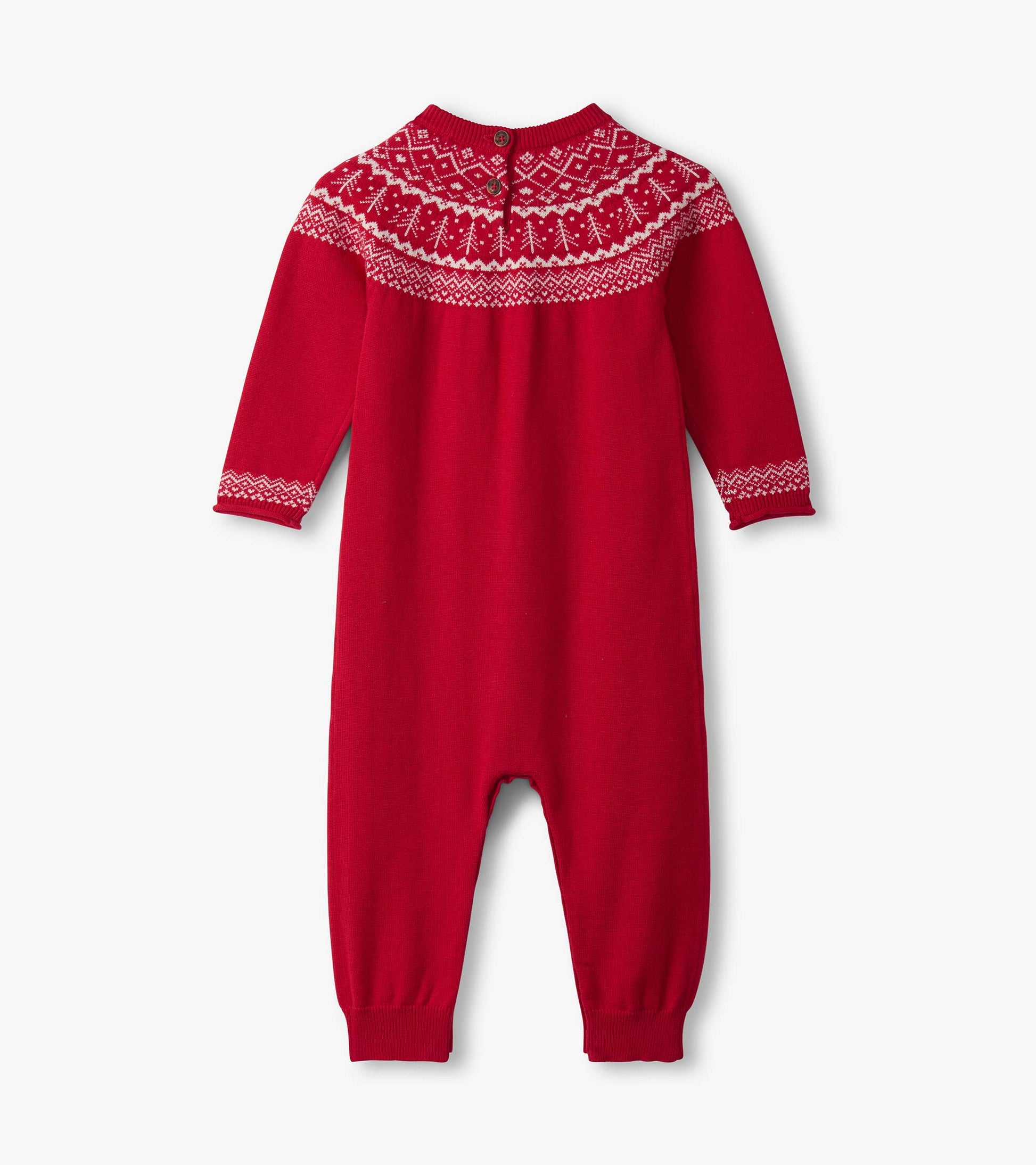 Red Fair Isle sweater romper with long sleeves and button closure at the back, featuring a festive knitted pattern.