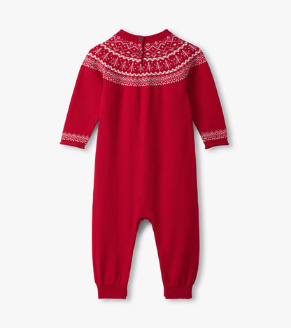 Red Fair Isle sweater romper with long sleeves and button closure at the back, featuring a festive knitted pattern.