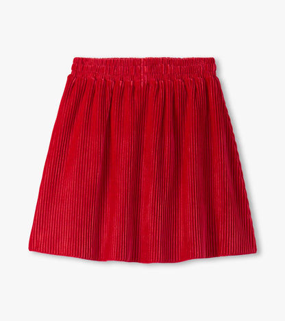 Red pleated velour skirt with an elastic waistband, suitable for girls.