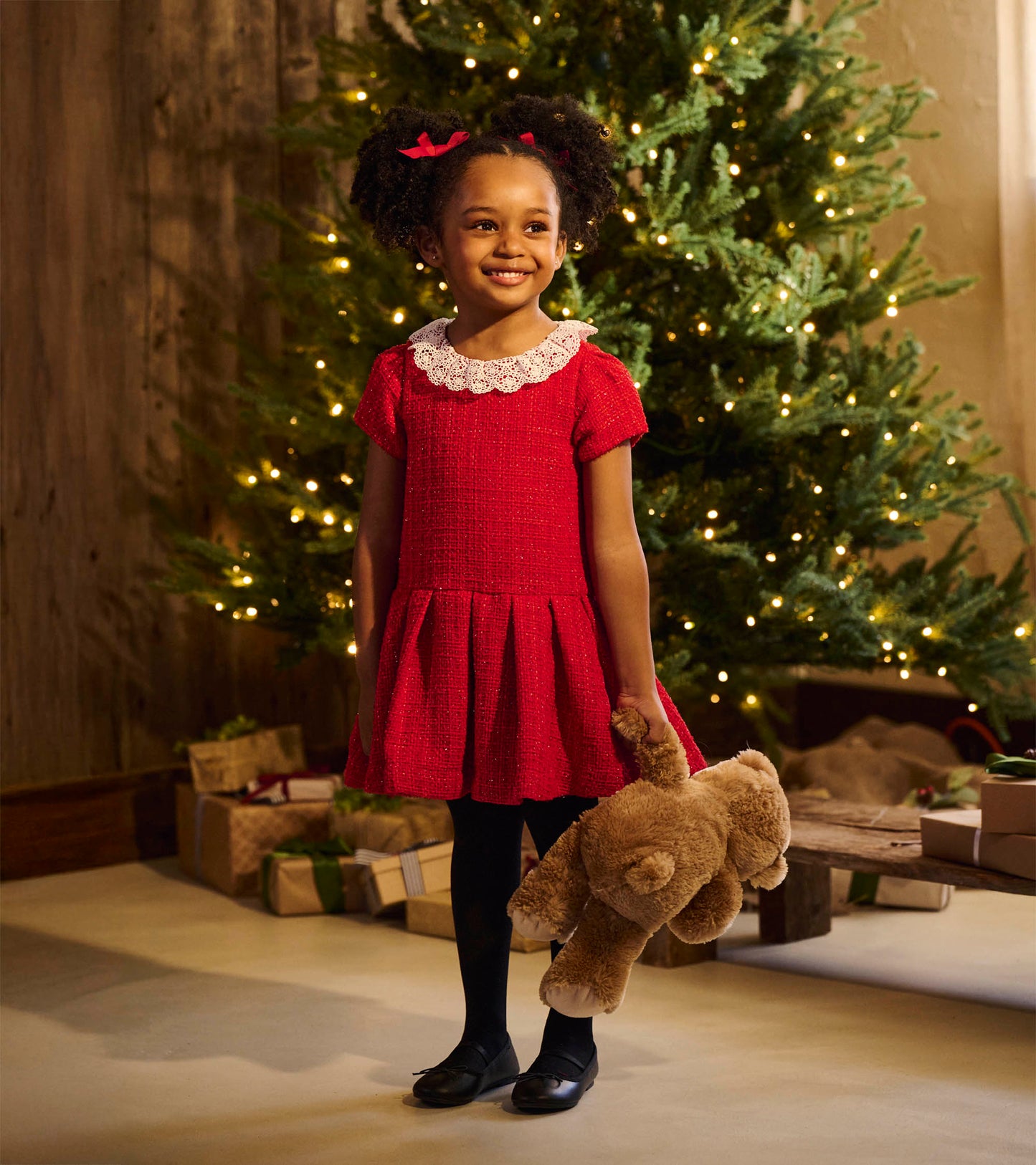 Girls Sparkle Boucle Pleated Lace Collar Dress