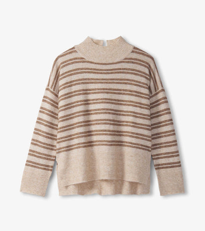 Mock neck sweater in camel with double stripes, featuring a relaxed fit and ribbed hem.