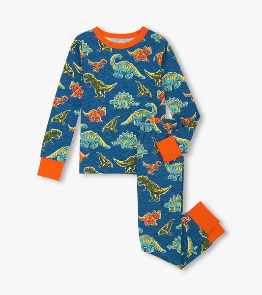 Pyjama en coton pour garçon – Dinosaure rugissant sur fond bleu