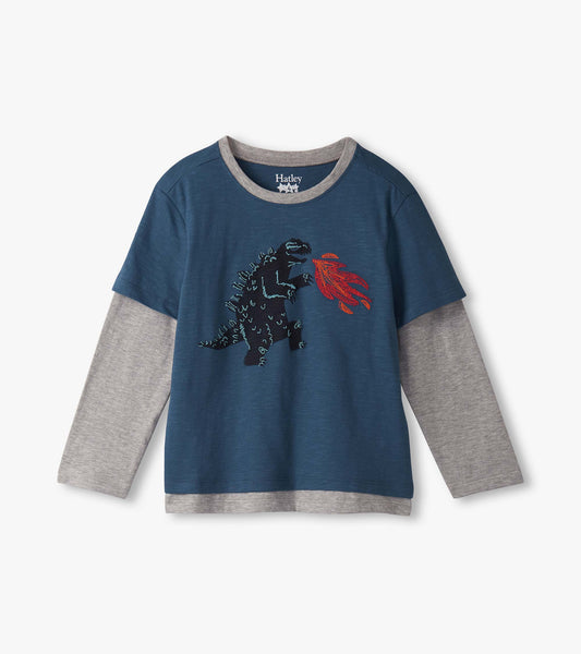 T-shirt trompe-l’œil à manches longues pour garçon – Monstre sur fond bleu