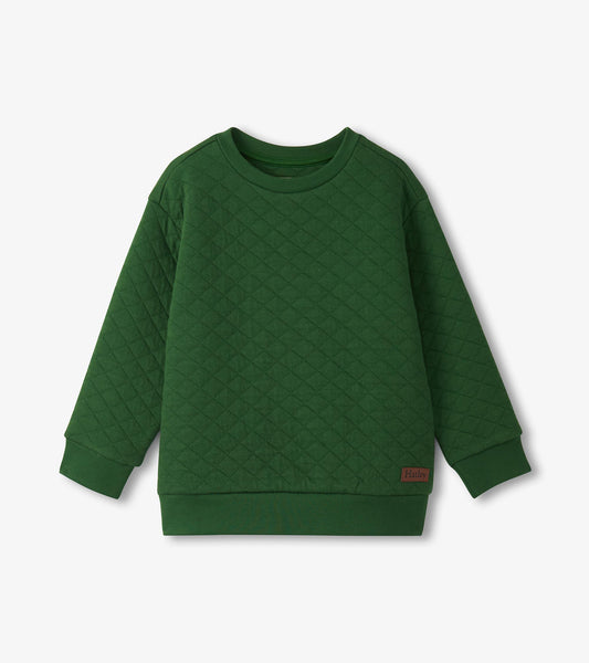 Green quilted pullover with long sleeves and ribbed cuffs, featuring a round neckline and a textured diamond pattern.