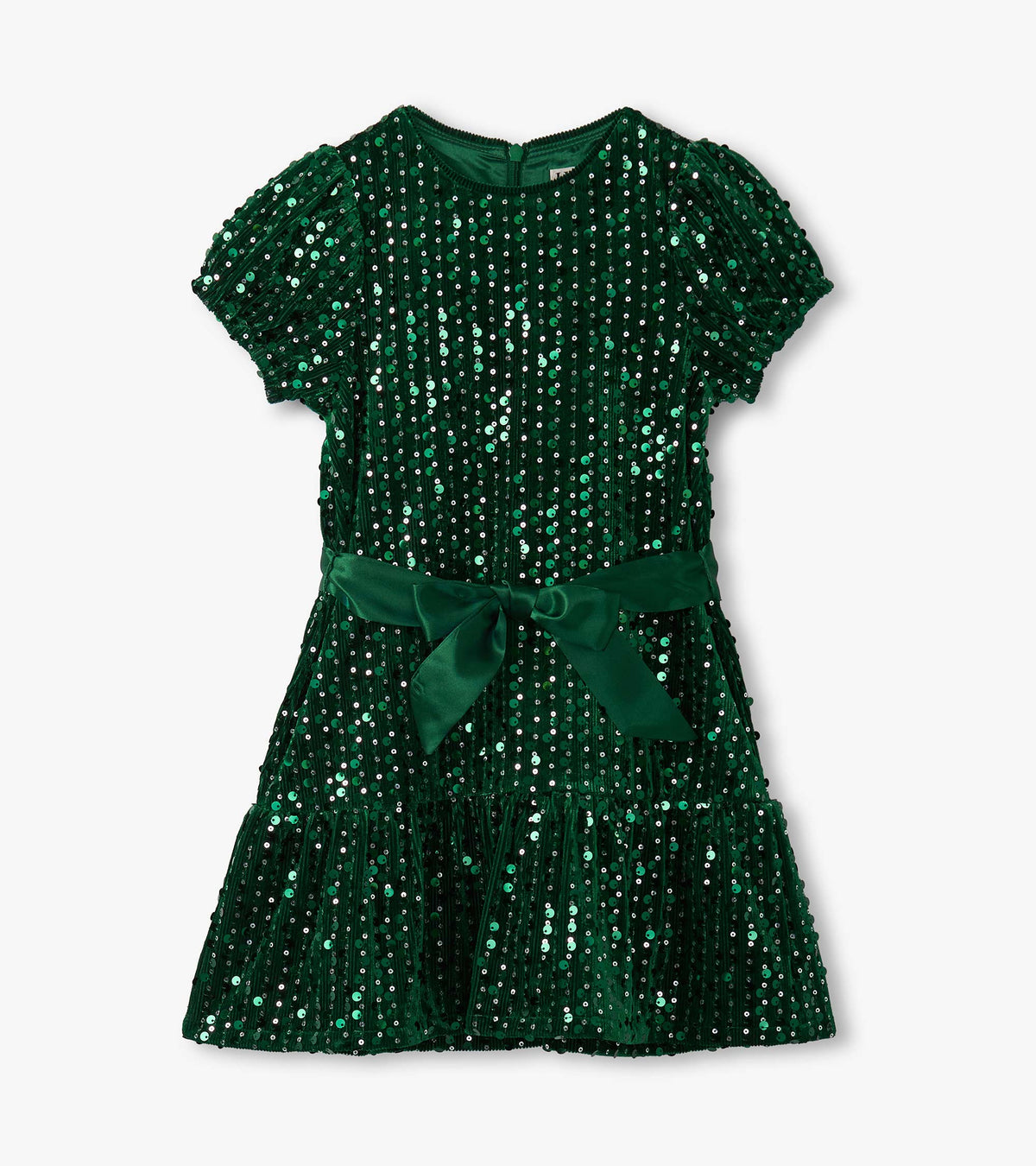 Front view of green sequin dress with short puff sleeves, ribbon waist, and tiered skirt