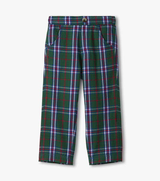 Green plaid straight leg pants featuring red and blue accents, designed for baby and toddler boys.