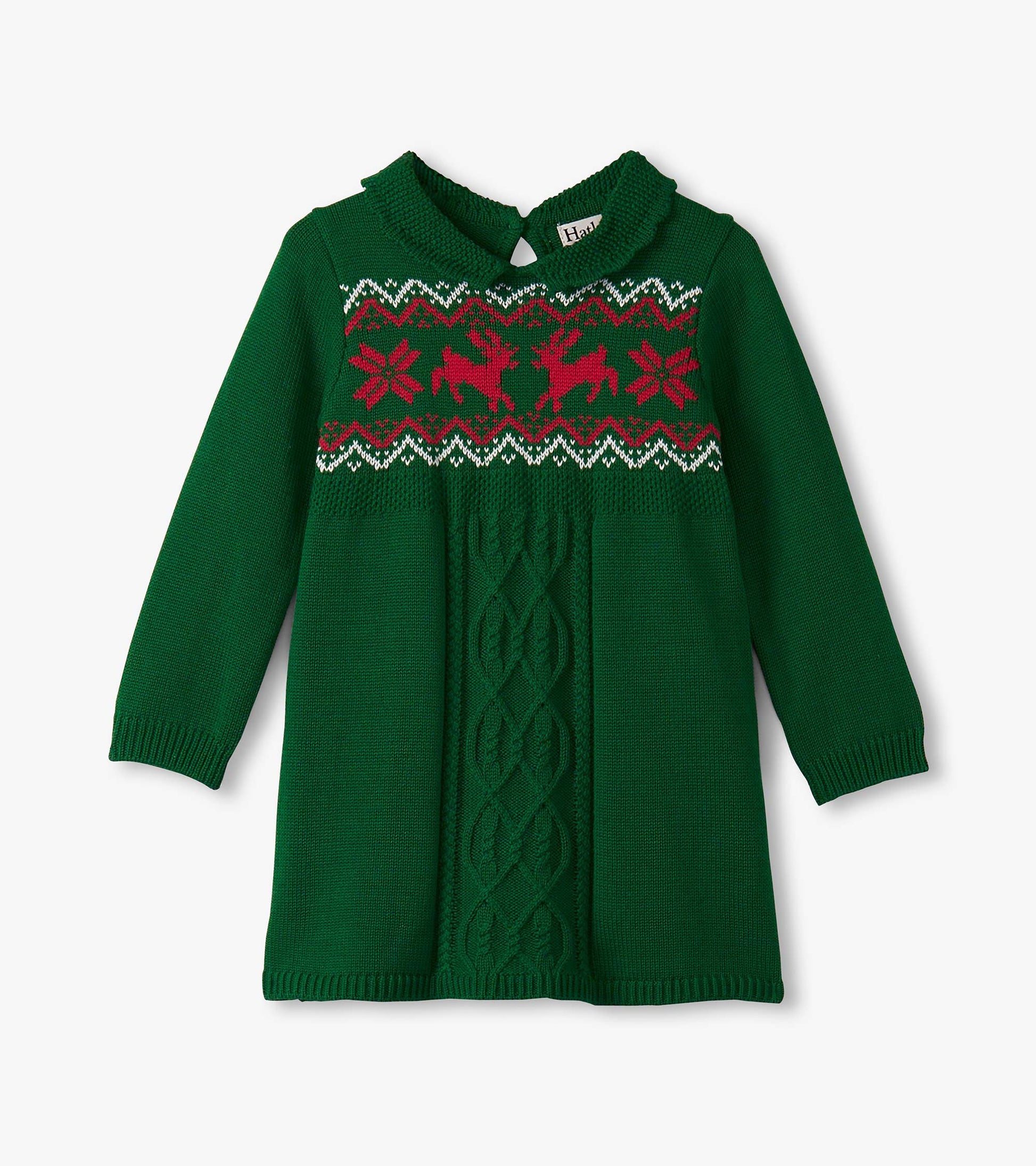 Eden green cable knit sweater dress with a floral and reindeer pattern, featuring long sleeves and a round collar.