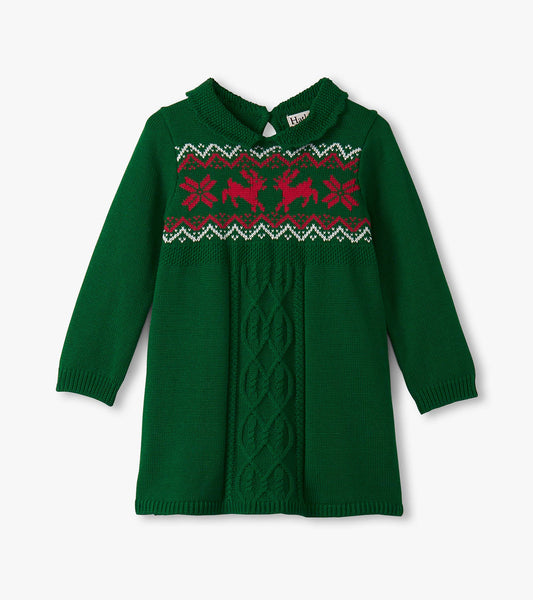 Eden green cable knit sweater dress with a floral and reindeer pattern, featuring long sleeves and a round collar.