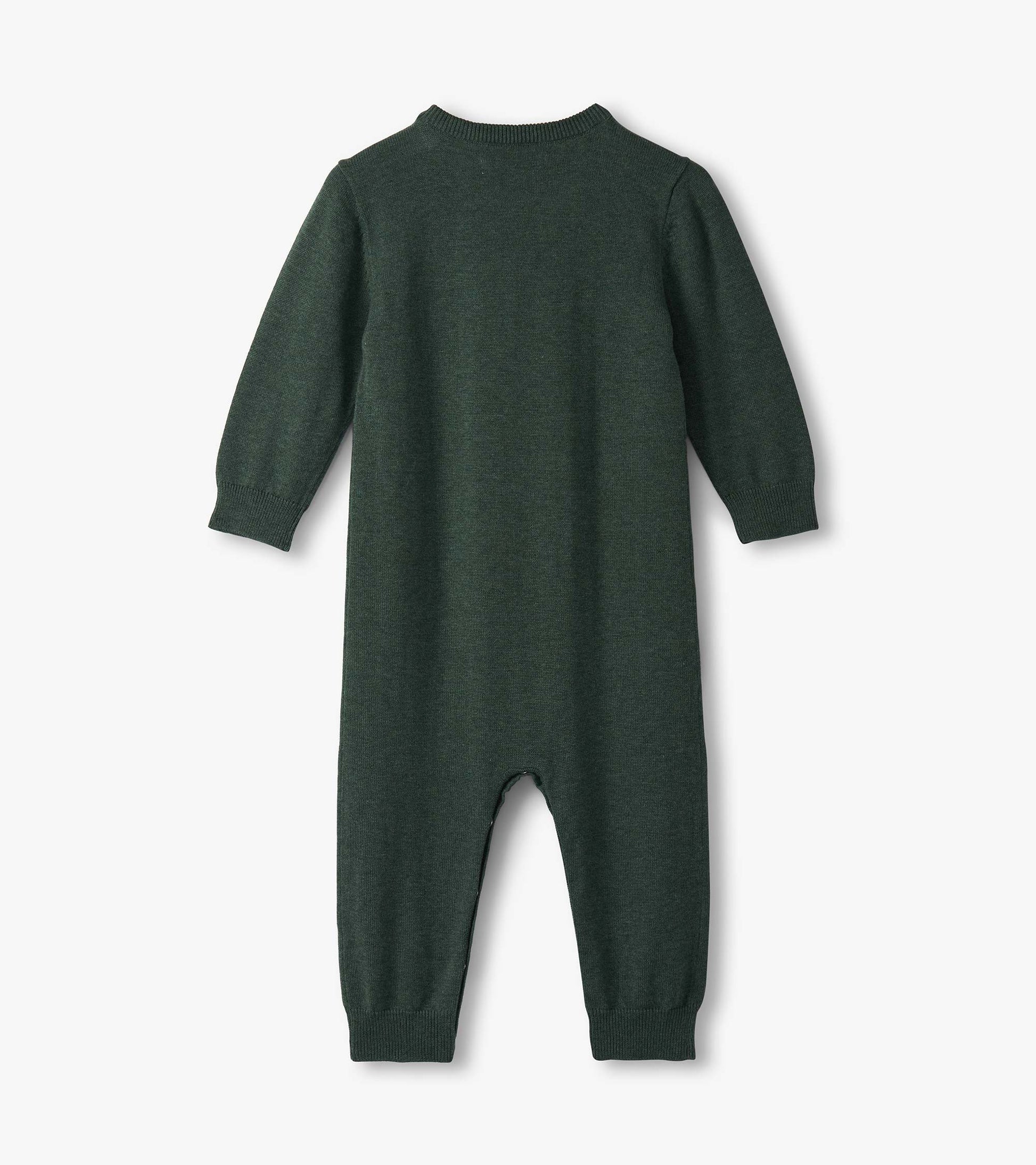 Dark green knitted sweater romper for baby boys with long sleeves and a round neckline.