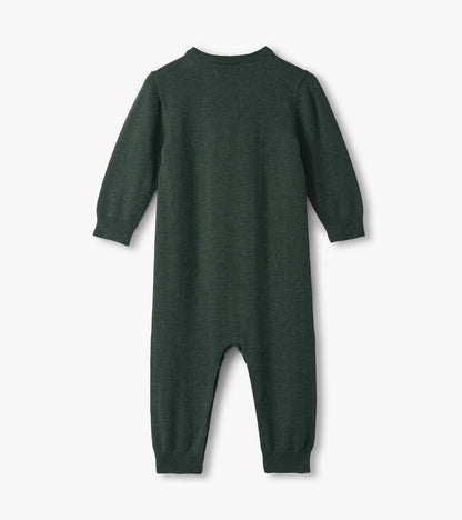 Dark green knitted sweater romper for baby boys with long sleeves and a round neckline.