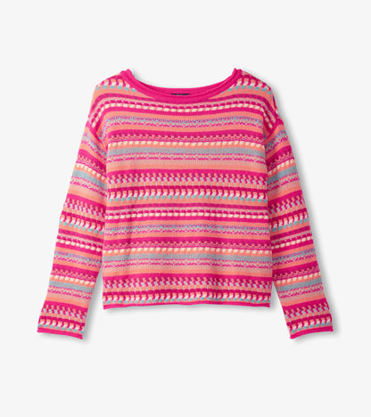 Bright pink sweater featuring a striped pattern with various colors, round neckline, and long sleeves.
