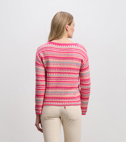Colorful striped sweater in pink, featuring a round neckline and long sleeves, shown from the back.