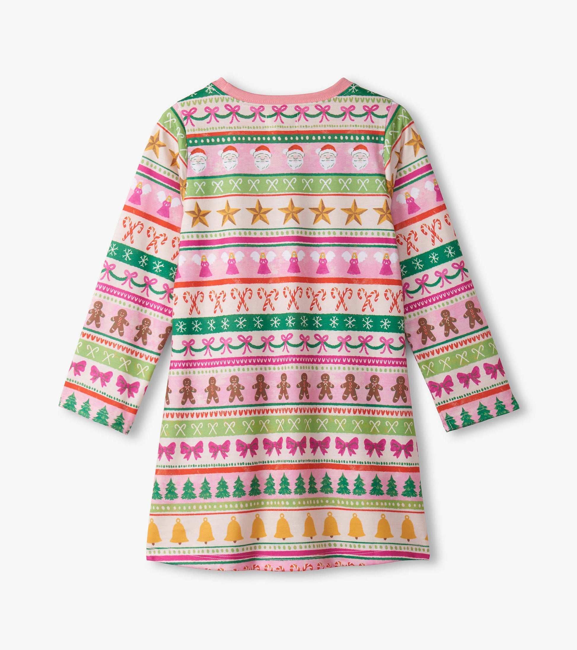 Long sleeve nightdress featuring a pink Fair Isle pattern with festive motifs like gingerbread, bows, and Christmas trees.