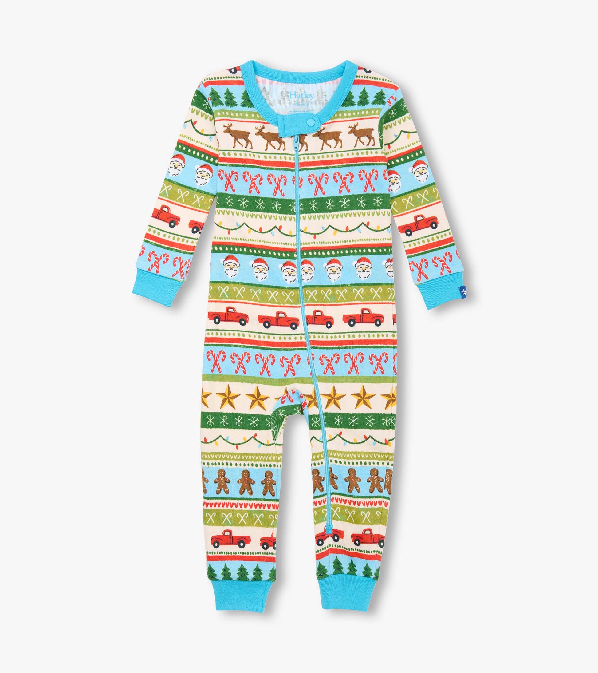 Blue cotton sleeper featuring a festive Fair Isle pattern with reindeer, Santa, and trucks, suitable for baby boys.