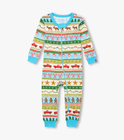 Blue cotton sleeper featuring a festive Fair Isle pattern with reindeer, Santa, and trucks, suitable for baby boys.