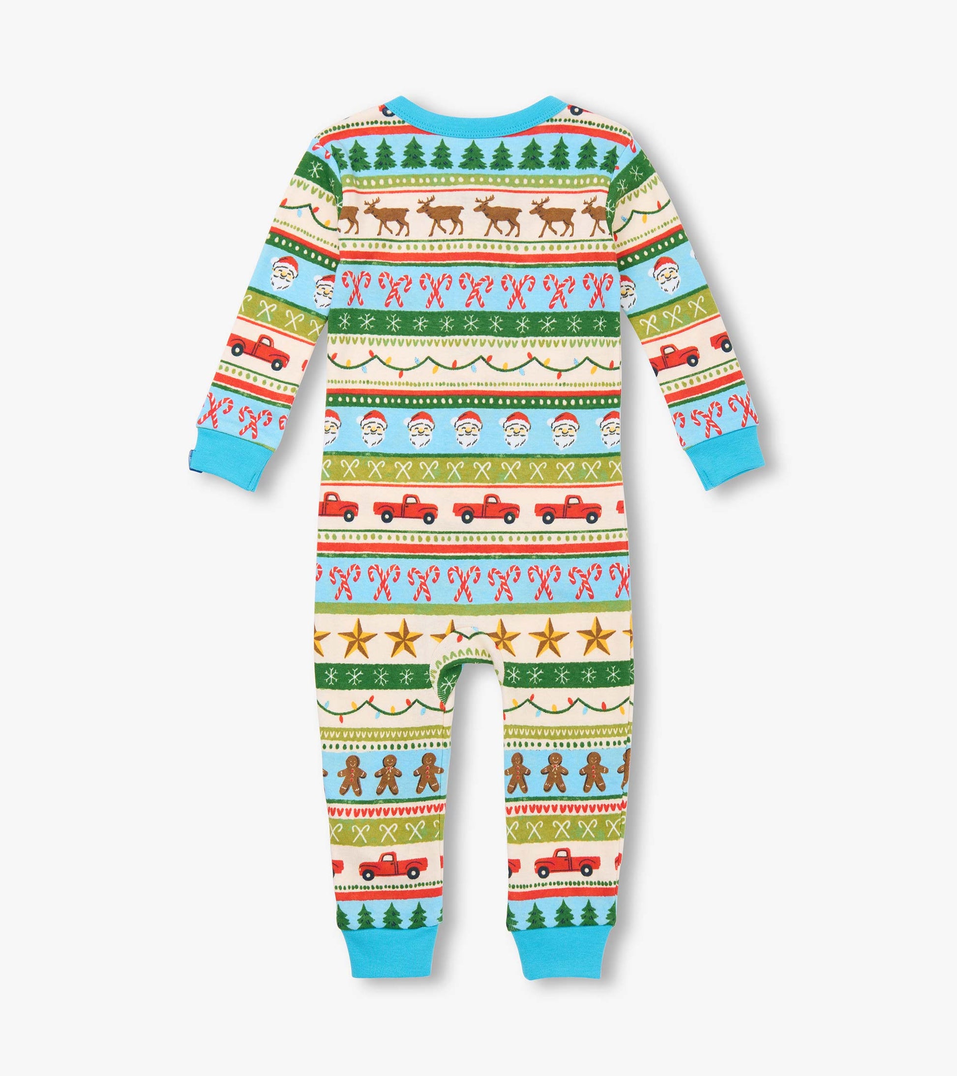 Blue cotton sleeper for baby boys featuring a fun Fair Isle pattern with festive motifs like trees, reindeer, and trucks.
