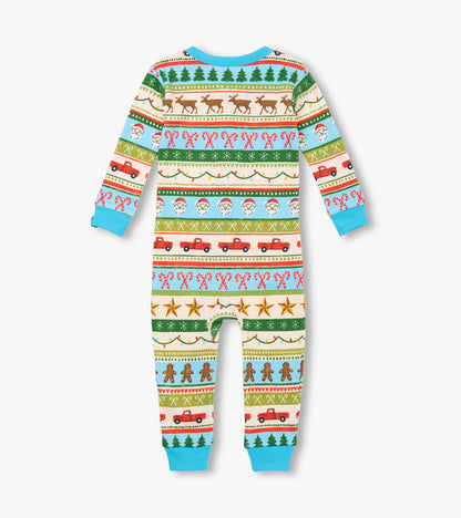 Blue cotton sleeper for baby boys featuring a fun Fair Isle pattern with festive motifs like trees, reindeer, and trucks.