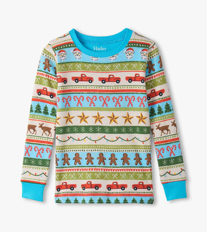 Boys' blue cotton pajama top featuring a festive Fair Isle pattern with trucks, trees, and holiday motifs.