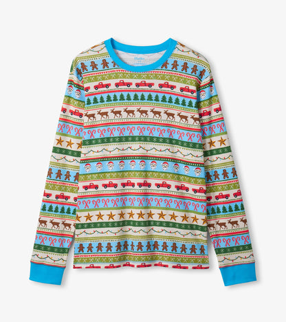 Men's long-sleeve pajama top in blue with a festive Fair Isle pattern featuring reindeer, trees, and gingerbread motifs.