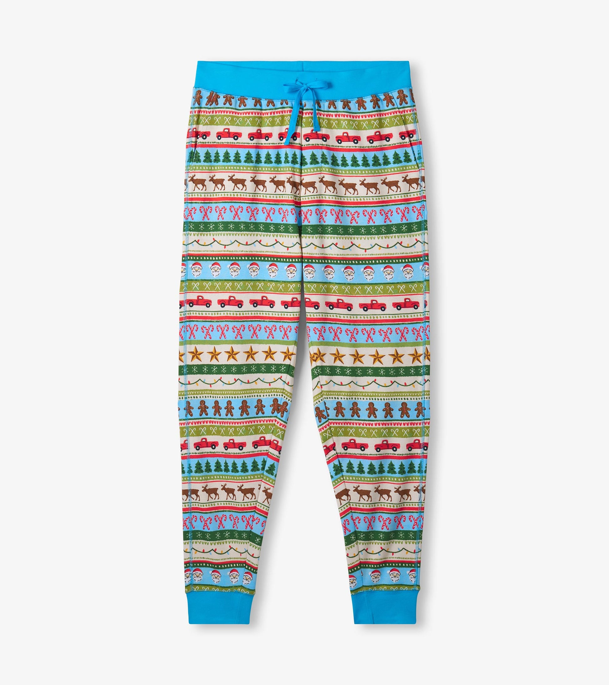 Men's blue cotton pajama set featuring a colorful Fair Isle pattern with festive motifs and a drawstring waist.