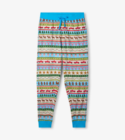 Men's blue cotton pajama set featuring a colorful Fair Isle pattern with festive motifs and a drawstring waist.