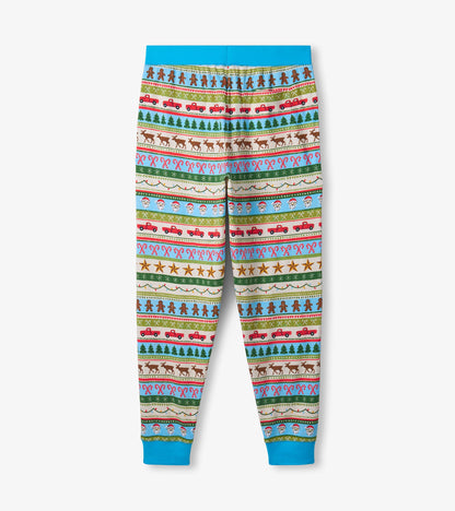 Men's blue cotton pajama set featuring a colorful Fair Isle pattern with festive motifs and elastic waistband.