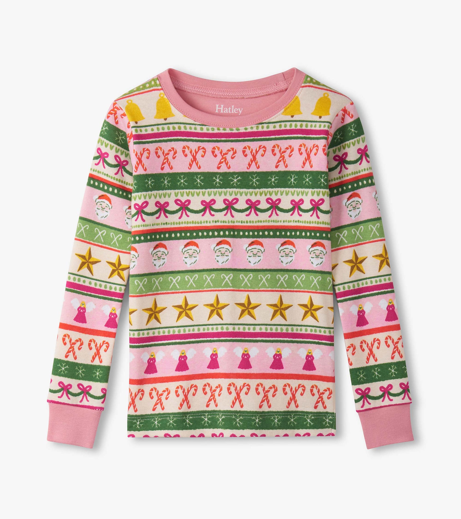 Pink long-sleeve pajama top featuring a festive Fair Isle pattern with Santa, stars, and candy canes.