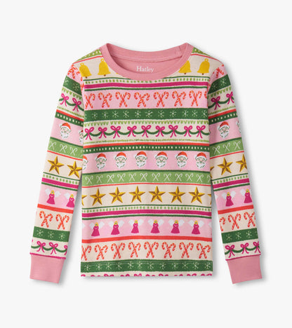 Pink long-sleeve pajama top featuring a festive Fair Isle pattern with Santa, stars, and candy canes.