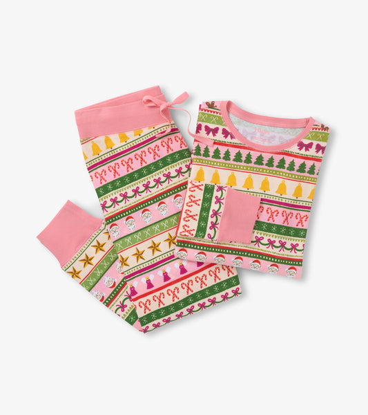 Women's pink cotton pajama set featuring a fun Fair Isle pattern with festive designs in green, yellow, and red.