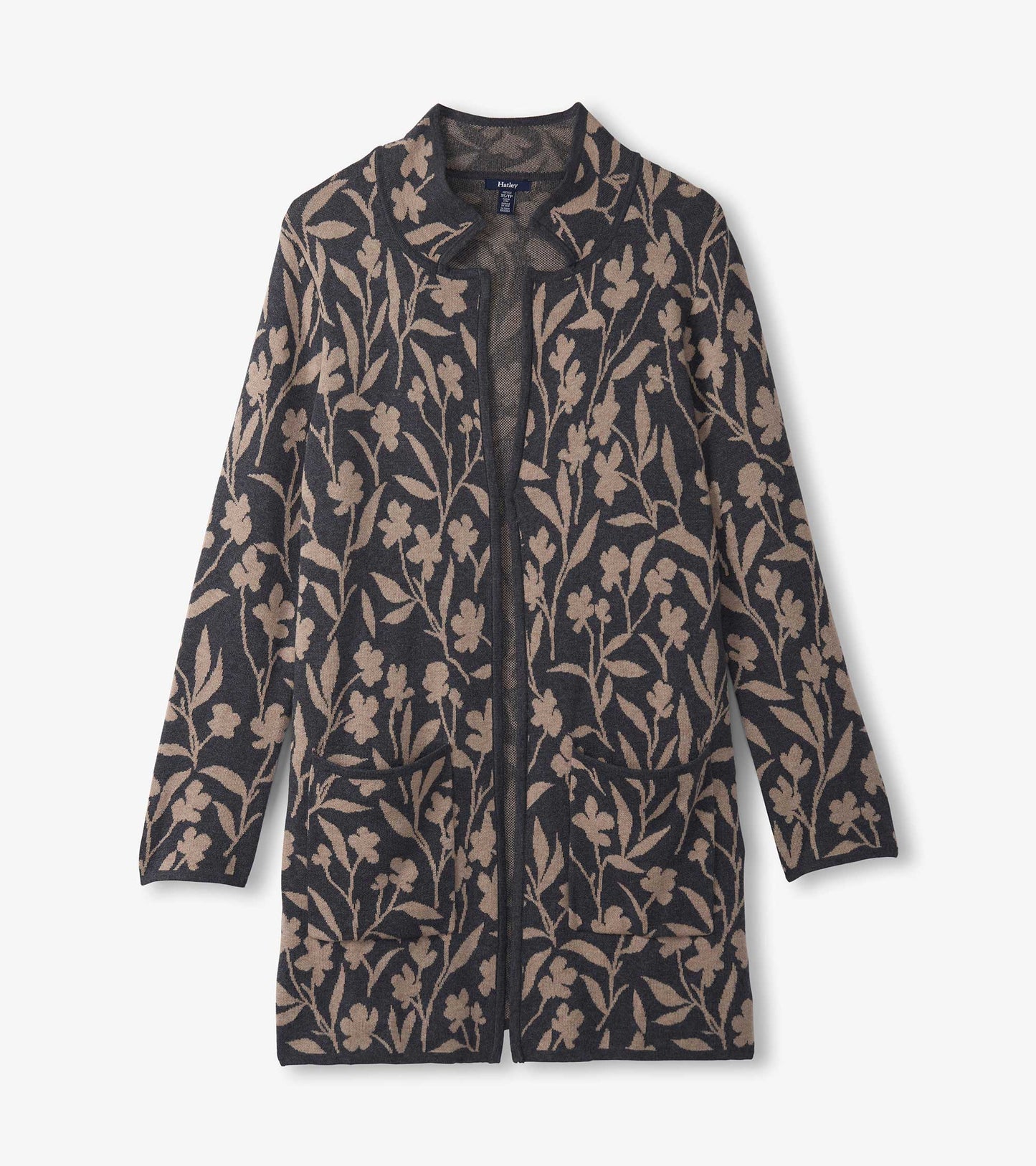 Navy sweater blazer featuring a floral vine pattern in beige, with a collar and two front pockets.